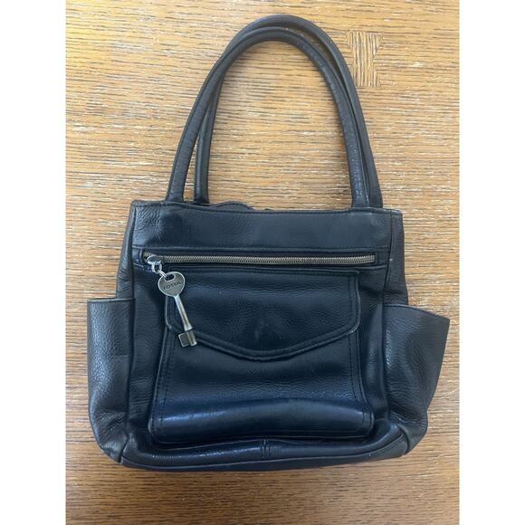 Fossil Handbags - Fossil Vintage Black Leather Small Satchel Handbag Purse Brass Key Charm